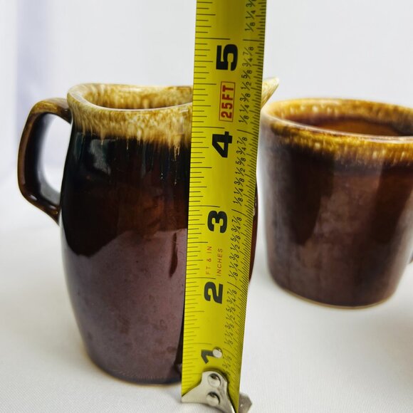 Hull Brown Drip Glaze Creamer & TWO O-Ring Mugs Vintage Farmhouse Pottery USA - Picture 12 of 12